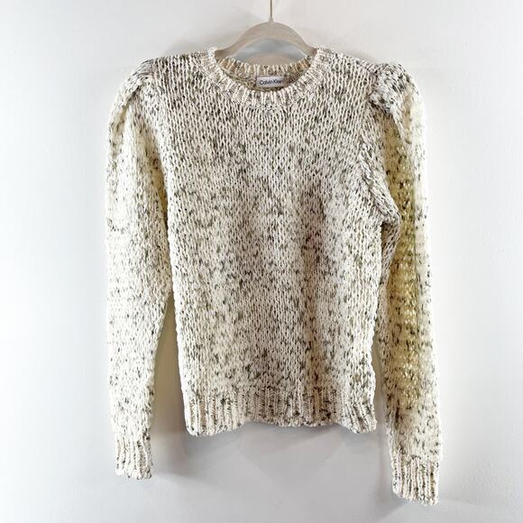 Calvin Klein Speck Puff Sleeve Knit Sweater Cream Beige Medium - Picture 1 of 9